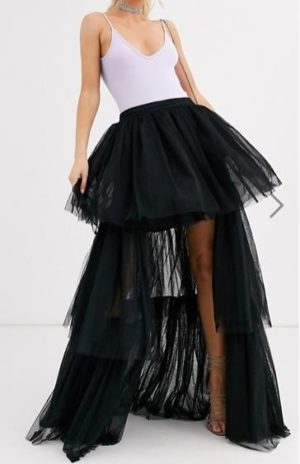 Lace & Beads tiered high low maxi skirt in black