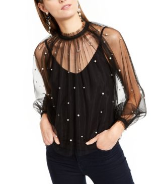 INC EMBELLISHED TULLE MOCK-NECK TOP